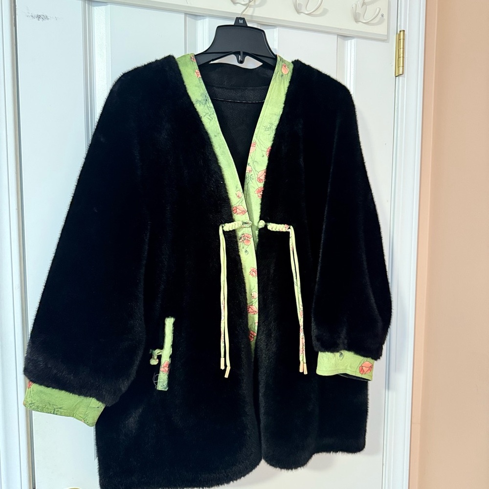 Black Faux Fur Coat with Green Trim